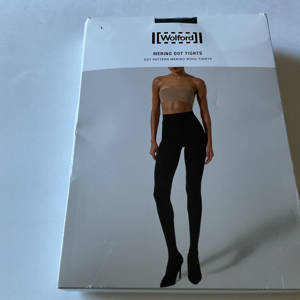 WOLFORD 11345 MERINO DOT TIGHTS BLACK SIZE LARGE 66% MERINO WOOL NWT